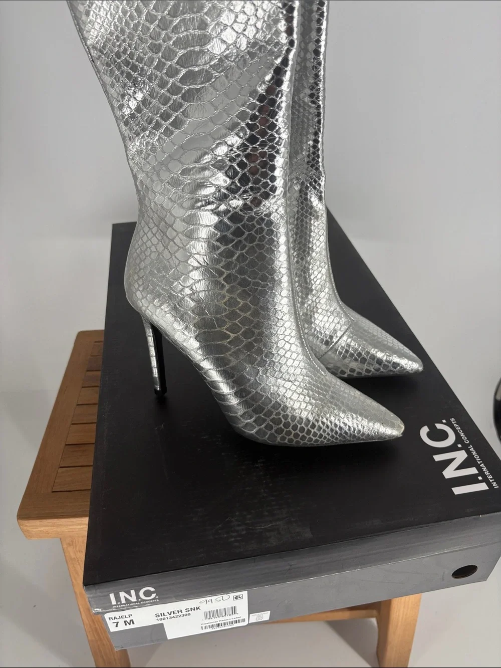 NEW INC Silver Snake-Embossed Knee-High Stiletto Boots size 7M